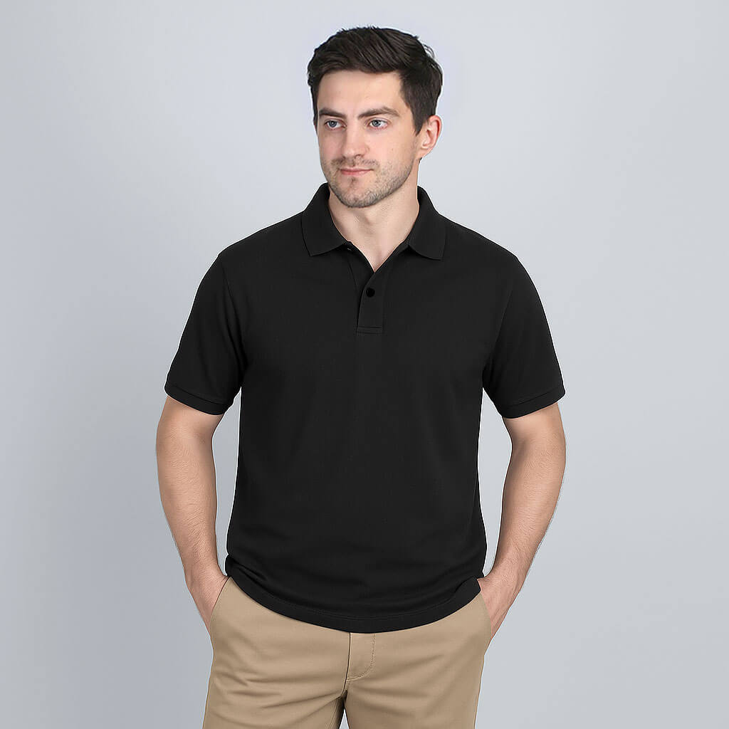 Solid Snap Button Polo T-shirt in Black