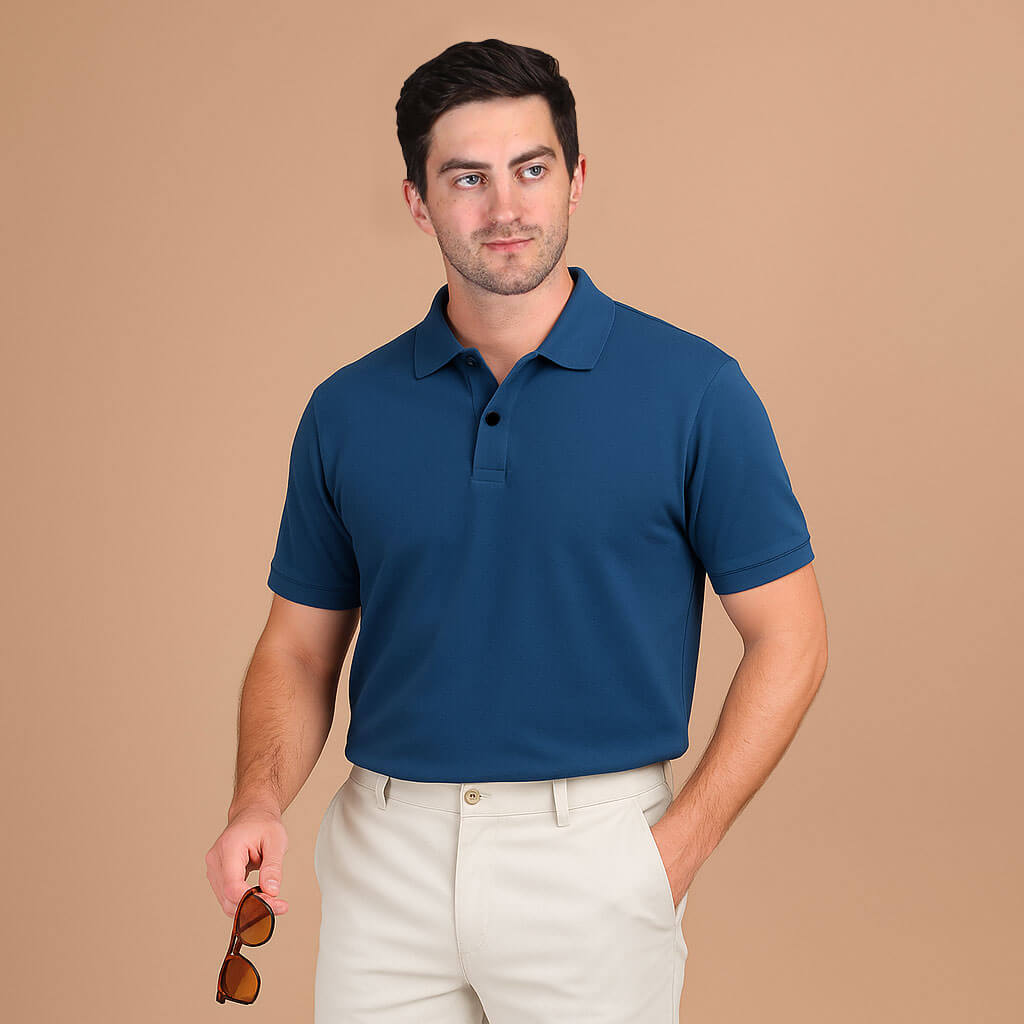 Solid Snap Button Polo T-shirt in Peacock Blue