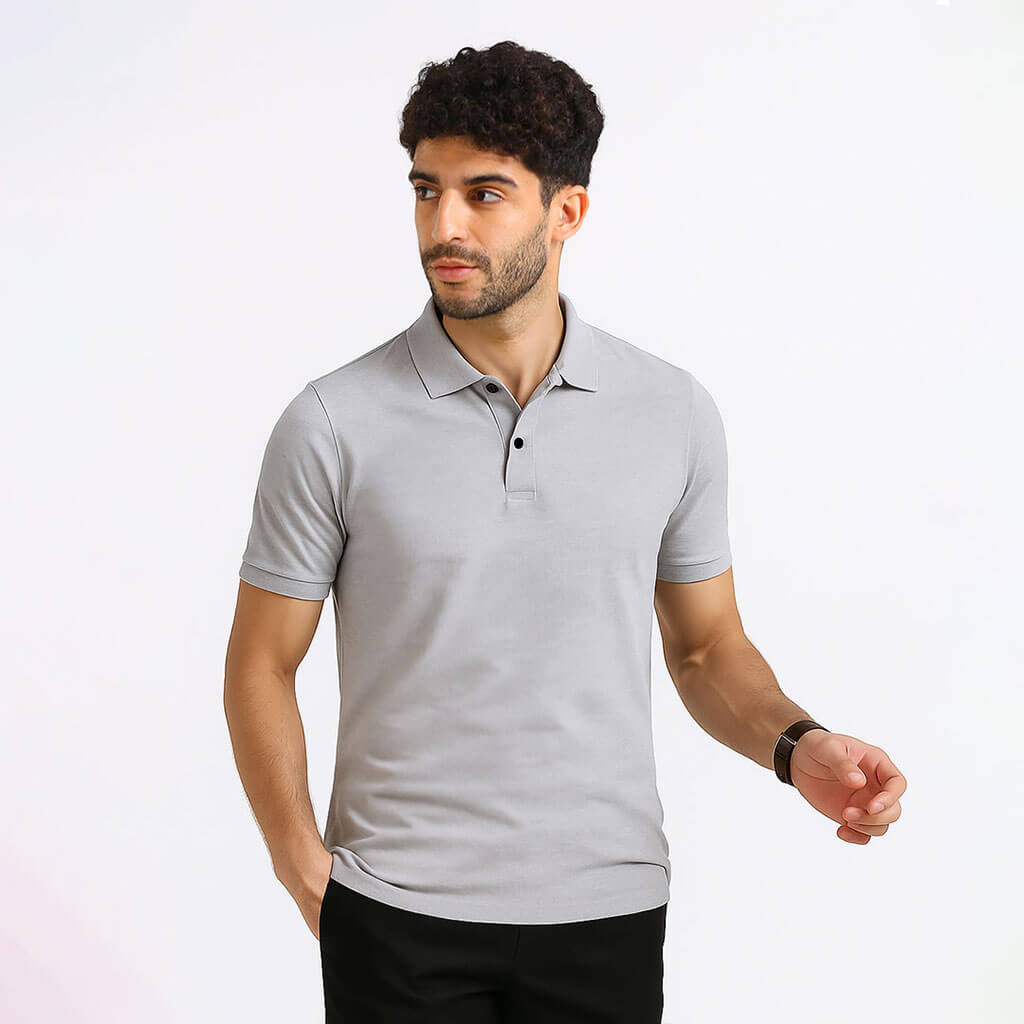 Solid Snap Button Polo T-shirt in Steel Grey