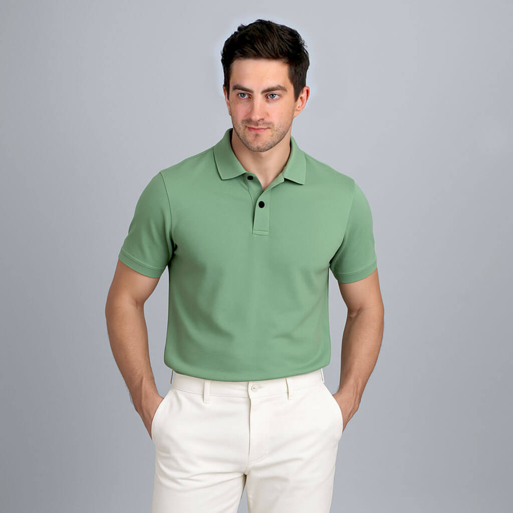 Solid Snap Button Polo T-shirt in Pista Green