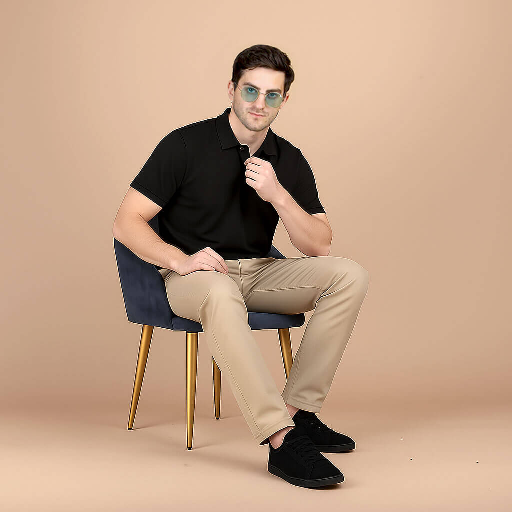 Solid Snap Button Polo T-shirt in Black