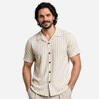 Textured Stripe Shirt in Beige with Cuban Collar