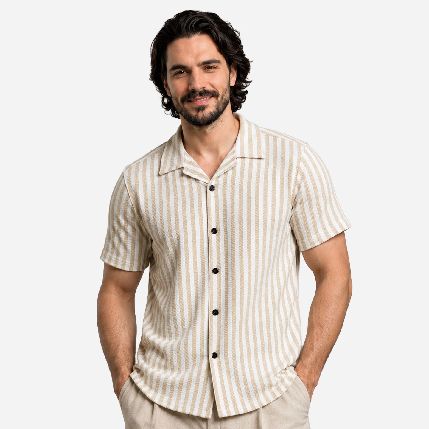 Textured Stripe Shirt in Beige with Cuban Collar