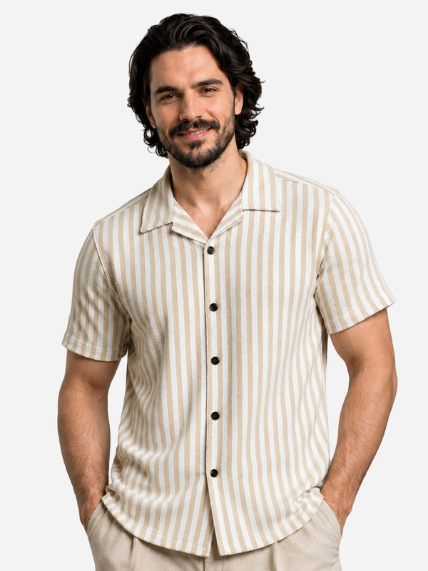 Textured Stripe Shirt in Beige with Cuban Collar