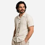Textured Stripe Shirt in Beige with Cuban Collar