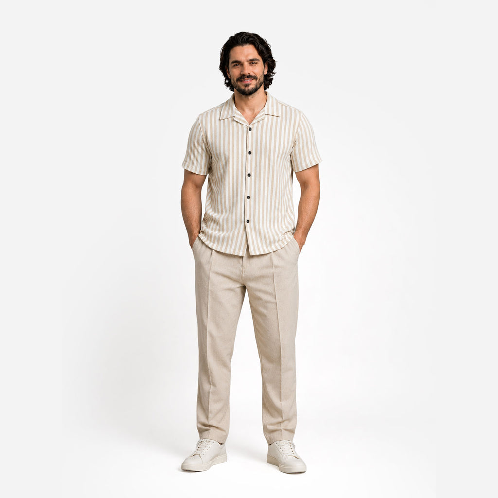 Textured Stripe Shirt in Beige with Cuban Collar