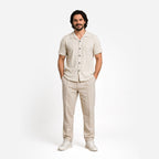 Textured Stripe Shirt in Beige with Cuban Collar
