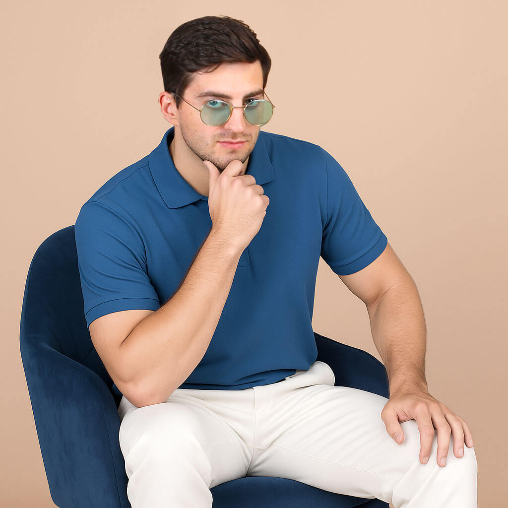 Solid Snap Button Polo T-shirt in Peacock Blue