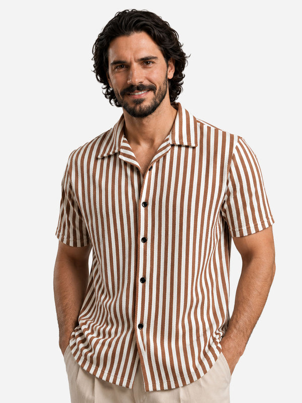 Textured Stripe Shirt in Brown with Cuban Collar