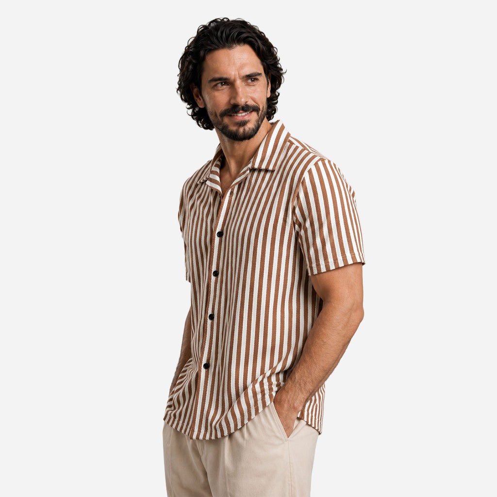 Textured Stripe Shirt in Brown with Cuban Collar