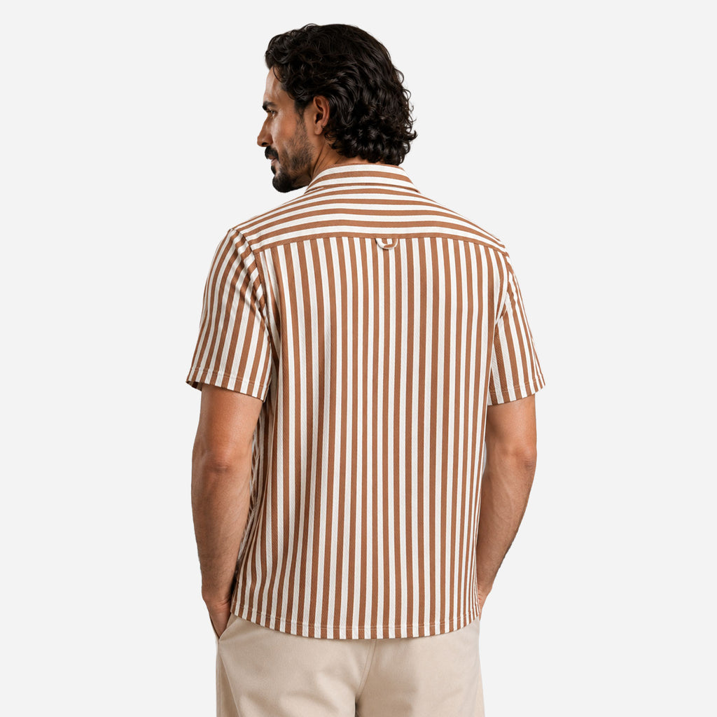 Textured Stripe Shirt in Brown with Cuban Collar