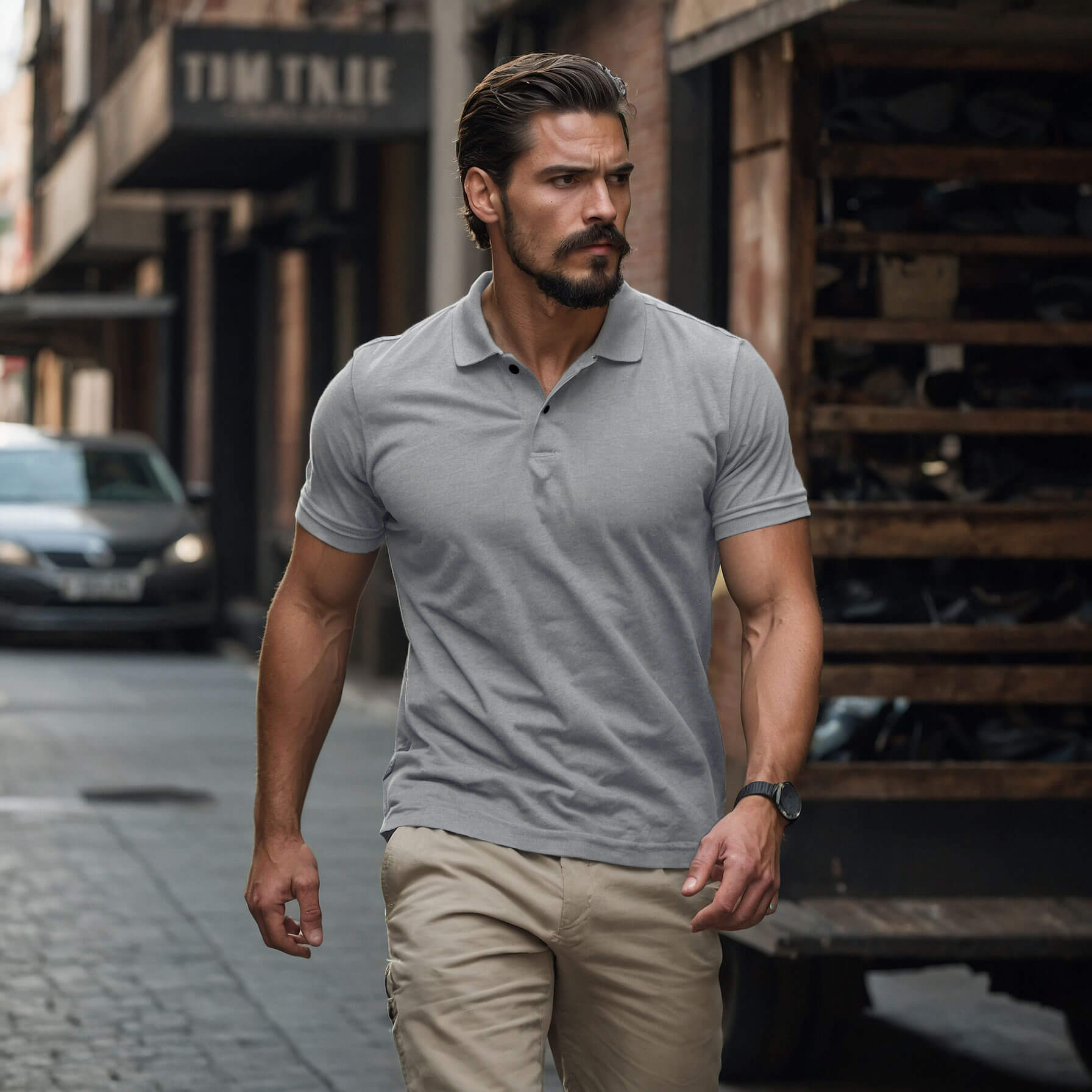 Men’s Solid Snap Button Polo T-shirt in Steel Grey