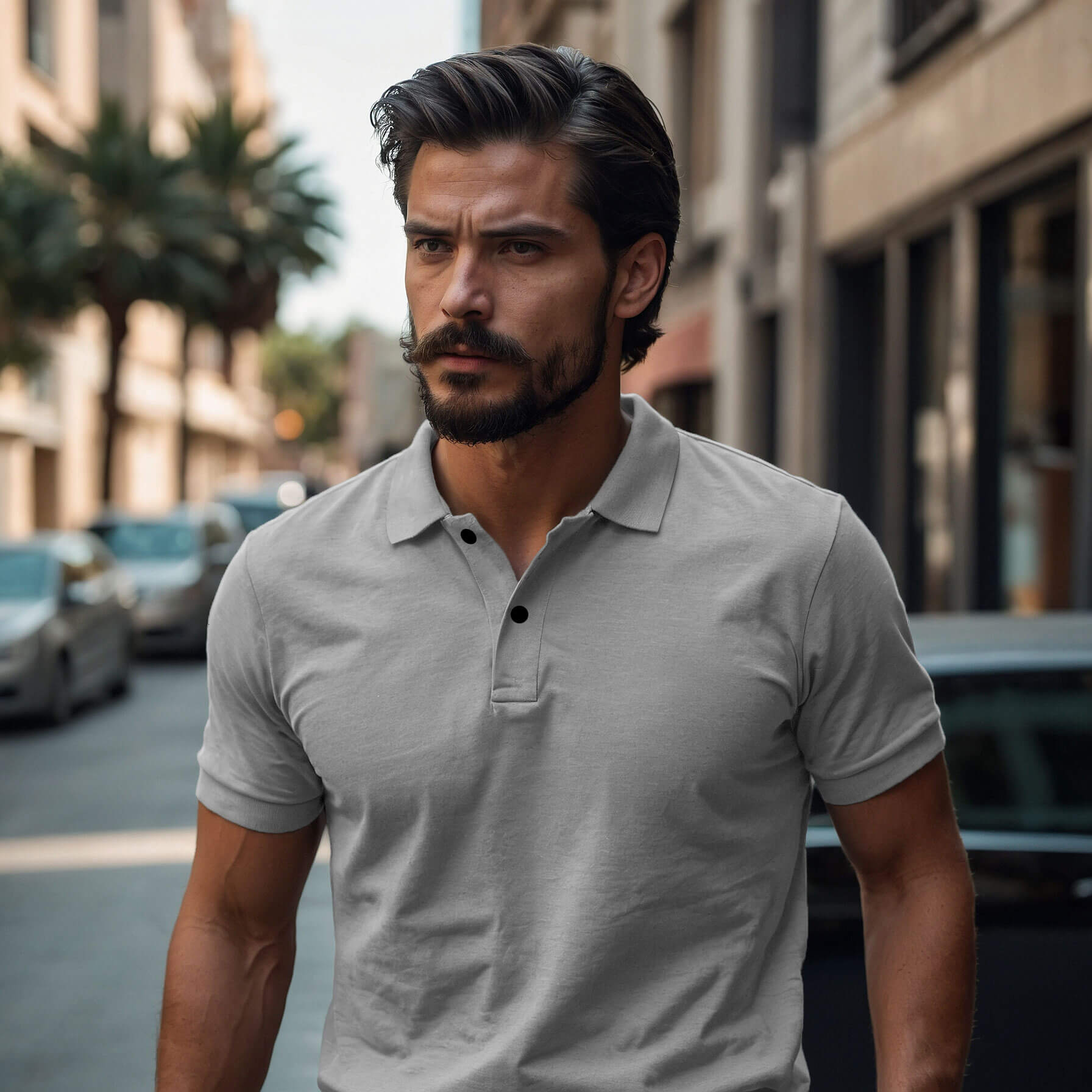Men’s Solid Snap Button Polo T-shirt in Steel Grey