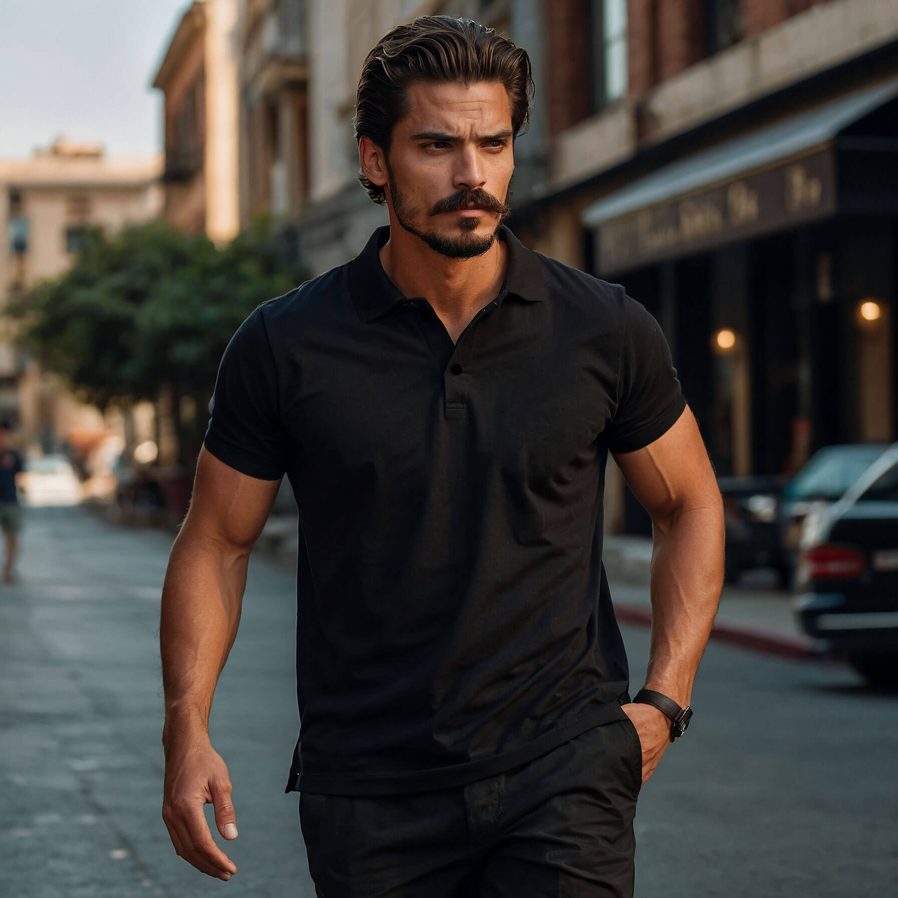 Men’s Solid Snap Button Polo T-shirt in Black