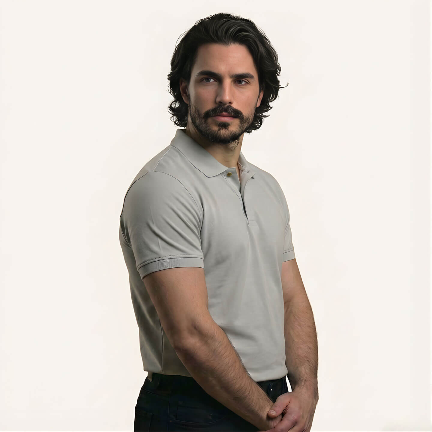 Snap Button Polo T-shirt in Steel Grey