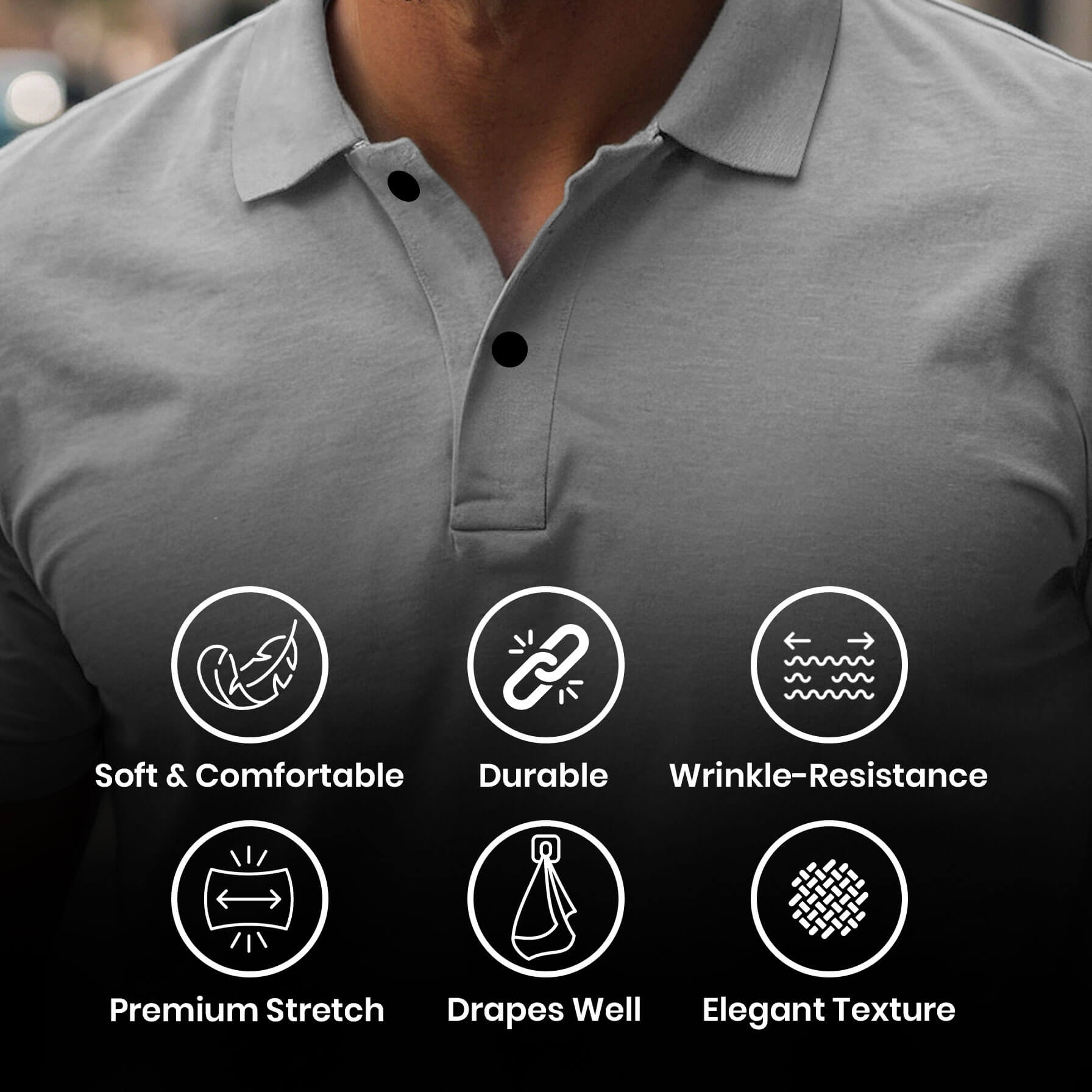 Men’s Solid Snap Button Polo T-shirt in Steel Grey