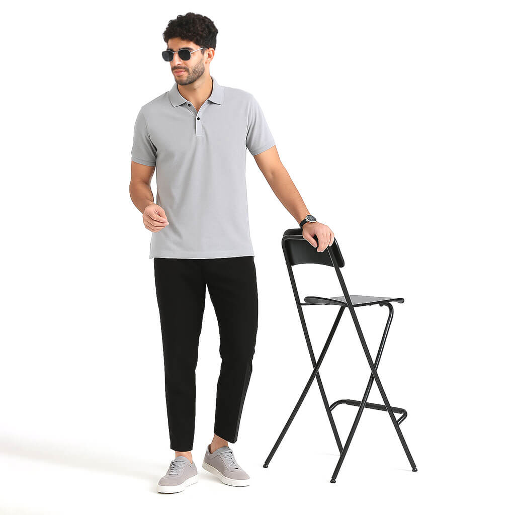 Solid Snap Button Polo T-shirt in Steel Grey