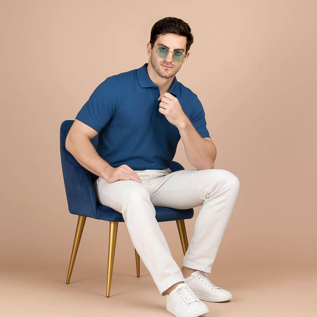 Solid Snap Button Polo T-shirt in Peacock Blue